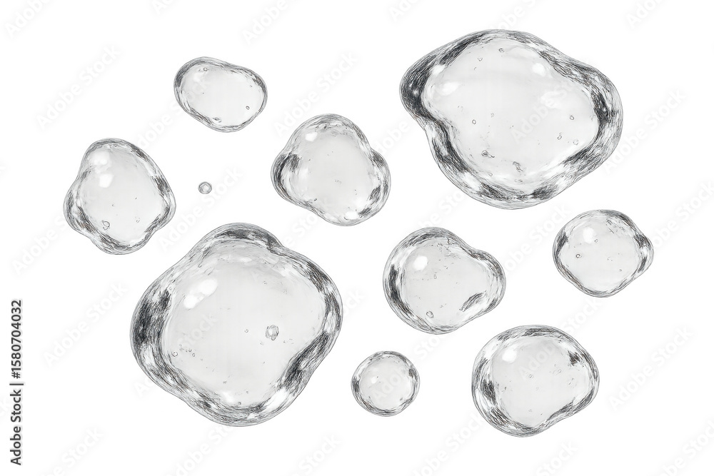 Poster clear water droplets with realistic reflections placed on a transparent checkered background, ideal 