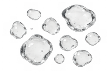 Clear water droplets with realistic reflections placed on a transparent checkered background, ideal for design and creative projects