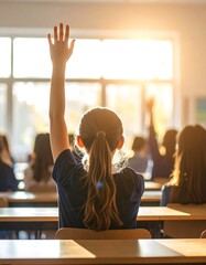 Student Raising Hand in Classroom, Sunlight Streaming Through Window - Eager Learning Environment