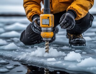 Researcher drills through sea ice from a floating floe to measure its thickness.