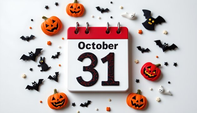 a conceptual image of a calendar marking october 31st with spooky halloween icons around it.