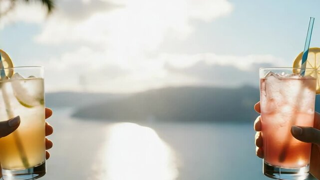 Refreshing drinks held up against a scenic ocean view at sunset