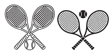 single Tennis racket and ball, two crossed rackets and tennis ball icon