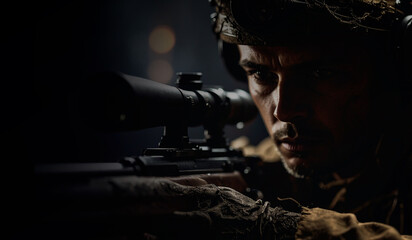 closeup face of a soldier aiming his target in darkness, war consept in hyper realistic illustration