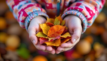 a child's hands holding a handful of colorful fallen leaves, close up shot, shallow depth of field.