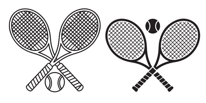 single Tennis racket and ball, two crossed rackets and tennis ball icon