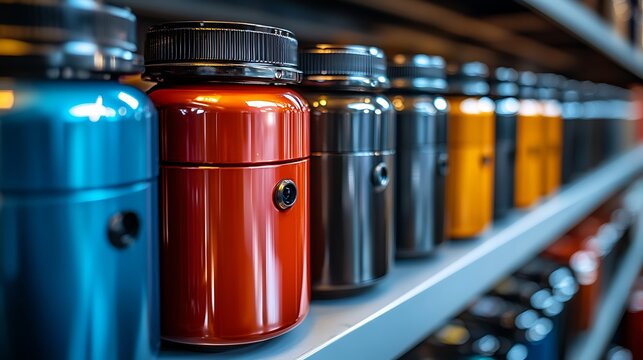 Colorful paint cans lined up on a shelf with closeup view.