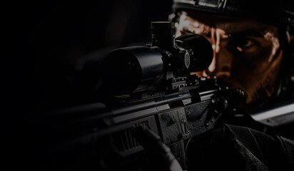 closeup face of a soldier aiming his target in darkness, war consept in hyper realistic illustration