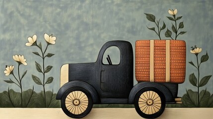 Vintage truck with floral background and wooden crate design