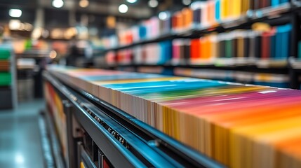 Colorful Pantone color swatches at printing house library.