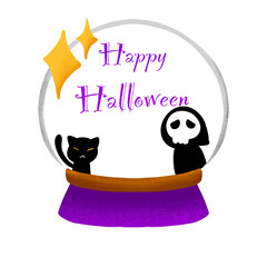 Happy Halloween Snow Globe with Cute Cat and Grim Reaper