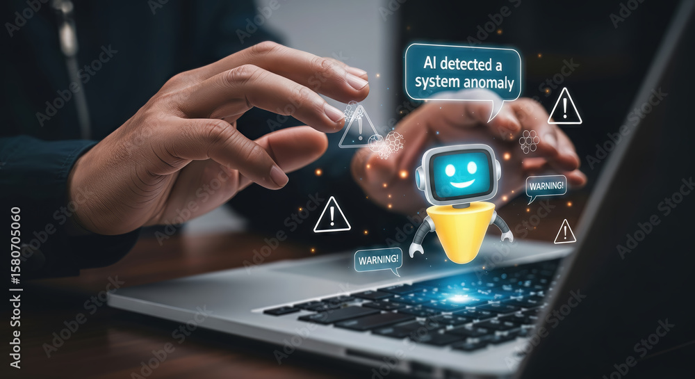 Poster a persons hands are seen typing on a laptop keyboard, with a friendly ai robot icon appearing above,