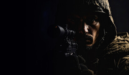 closeup face of a soldier aiming his target in darkness, war consept in hyper realistic illustration