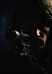 closeup face of a soldier aiming his target in darkness, war consept in hyper realistic illustration