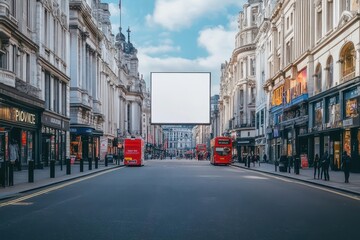 Piccadilly road in London showing billboard mockup above shop signs, white display on commercial UK buildings, classic city atmosphere for urban outdoor ad presentation