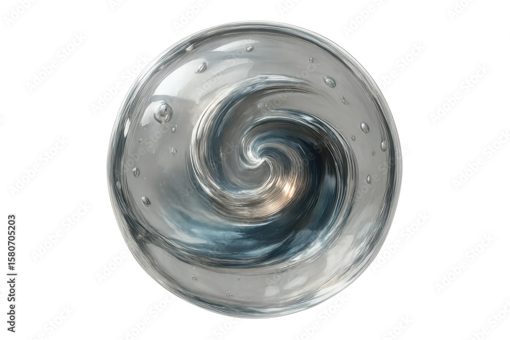 Poster liquid sphere swirling dynamically with transparent background, revealing fluid motion and abstract 