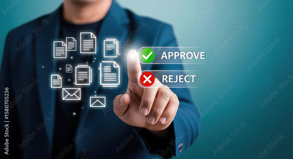 Poster a persons finger selects approve on a digital interface displaying document icons and decision optio