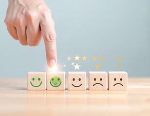 Customer Satisfaction and User Experience Concept – Hand Selecting Happy Face Emoji for Positive Feedback and Review Rating, Quality Service and Client Support Symbol