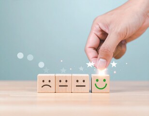Customer Satisfaction and User Experience Concept – Hand Selecting Happy Face Emoji for Positive Feedback and Review Rating, Quality Service and Client Support Symbol