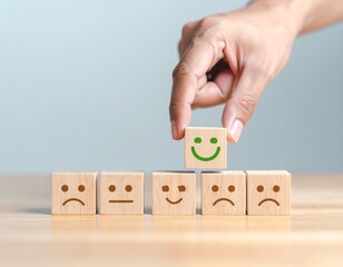 Customer Satisfaction and User Experience Concept – Hand Selecting Happy Face Emoji for Positive Feedback and Review Rating, Quality Service and Client Support Symbol