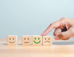 Customer Satisfaction and User Experience Concept – Hand Selecting Happy Face Emoji for Positive Feedback and Review Rating, Quality Service and Client Support Symbol