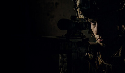 closeup face of a soldier aiming his target in darkness, war consept in hyper realistic illustration