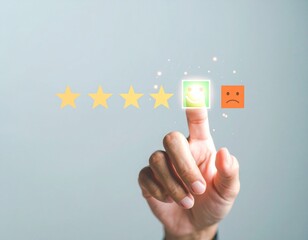 Customer Satisfaction and User Experience Concept – Hand Selecting Happy Face Emoji for Positive Feedback and Review Rating, Quality Service and Client Support Symbol