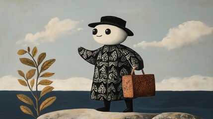 Whimsical character in black coat and hat walking by the sea