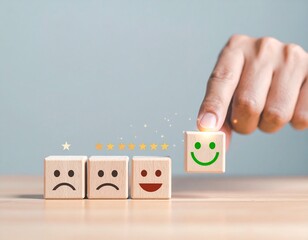 Customer Satisfaction and User Experience Concept – Hand Selecting Happy Face Emoji for Positive Feedback and Review Rating, Quality Service and Client Support Symbol