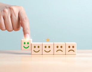 Customer Satisfaction and User Experience Concept – Hand Selecting Happy Face Emoji for Positive Feedback and Review Rating, Quality Service and Client Support Symbol
