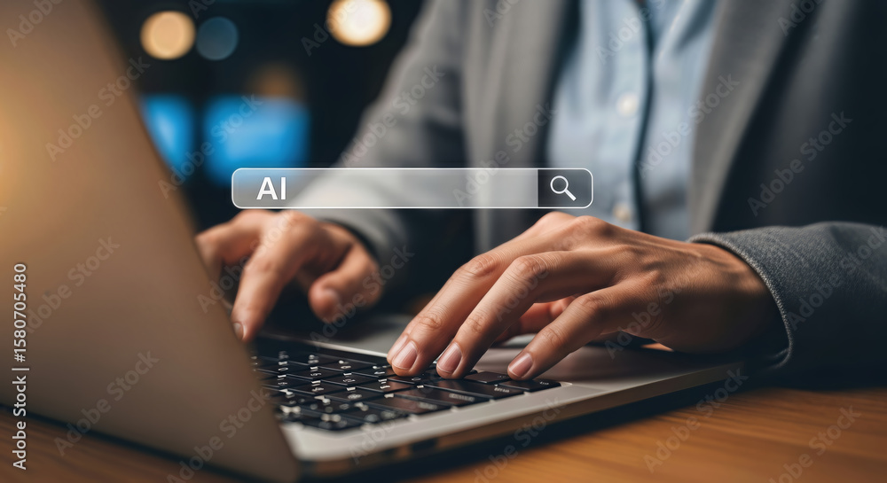 Poster a persons hands typing on a laptop keyboard with an ai search bar displayed on the screen, represent
