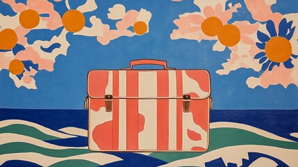 Vintage striped suitcase surrounded by vibrant floral motif against blue sky