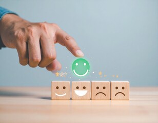 Customer Satisfaction and User Experience Concept – Hand Selecting Happy Face Emoji for Positive Feedback and Review Rating, Quality Service and Client Support Symbol