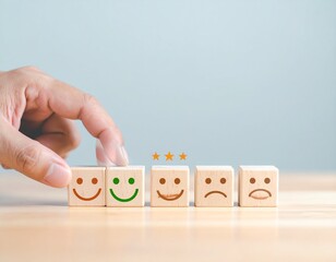 Customer Satisfaction and User Experience Concept – Hand Selecting Happy Face Emoji for Positive Feedback and Review Rating, Quality Service and Client Support Symbol