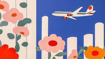 Colorful airplane and floral abstract with blue sky and bold design elements
