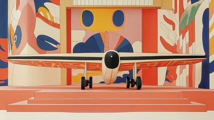 Vintage airplane exhibit with colorful abstract art in modern gallery setting
