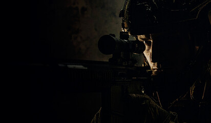 closeup face of a soldier aiming his target in darkness, war consept in hyper realistic illustration
