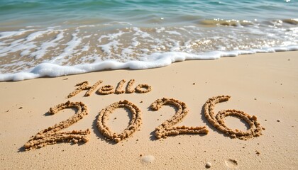 "hello 2026" text written in the sand on a tropical beach, for a warm weather new year's concept.