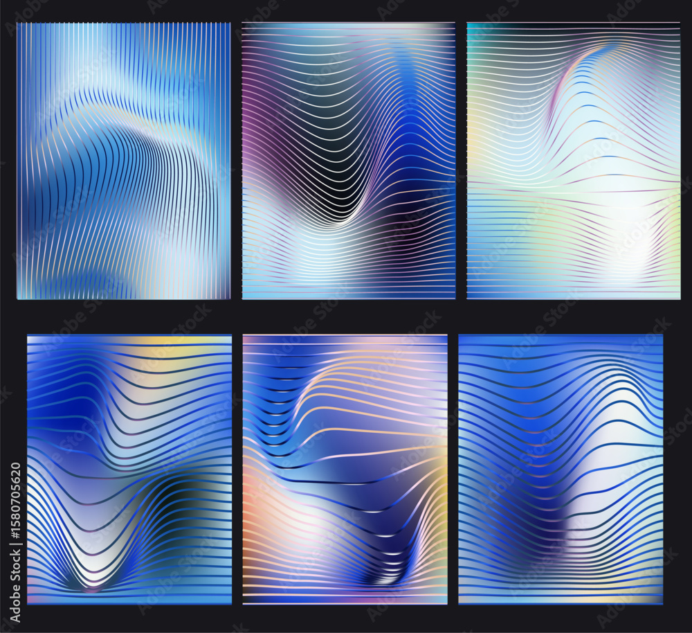 Poster vector illustration in modern op-art style with wavy, thin lines and soft gradients. theme: fluidity