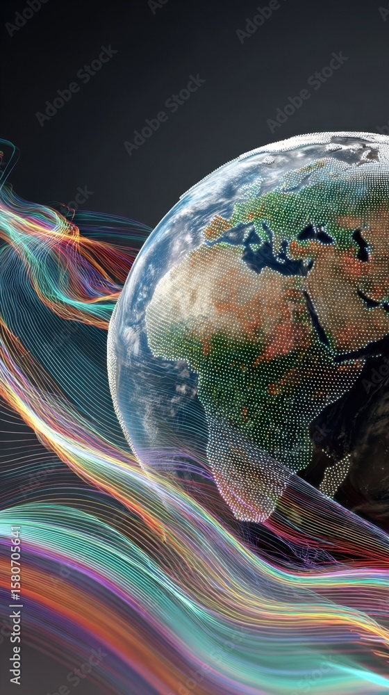 Poster a dynamic 3d holographic representation of earth enveloped in colorful digital waves emphasizing the