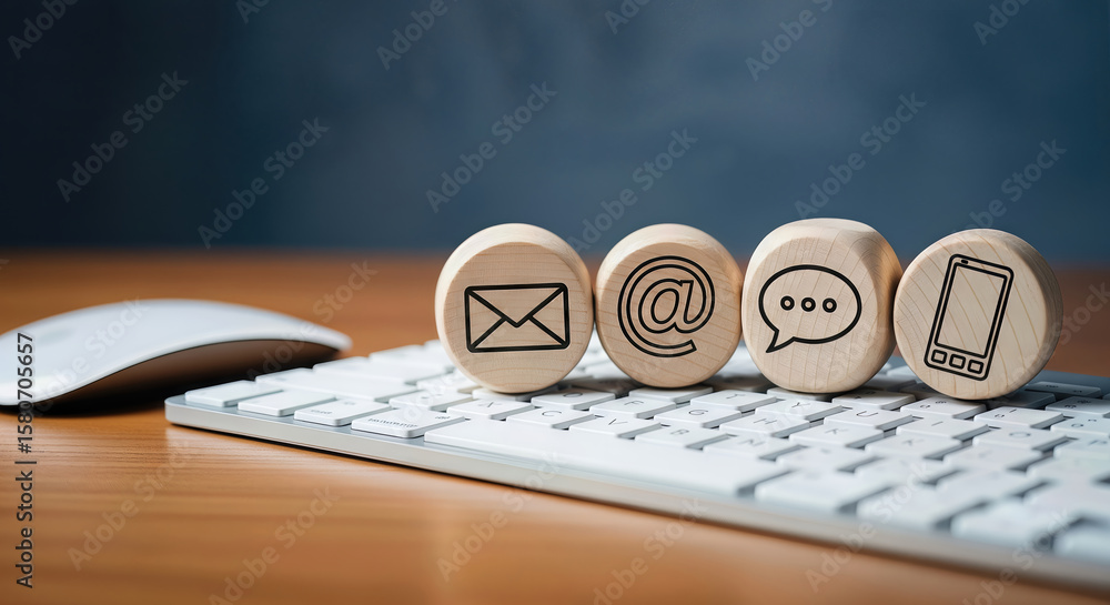 Poster wooden cubes with communication icons like email, chat, and phone sit on a computer keyboard next to