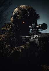 closeup face of a soldier aiming his target in darkness, war consept in hyper realistic illustration