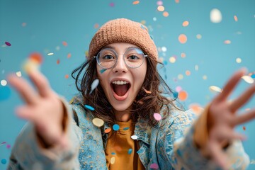 Cheerful, happy, smiling, and excited woman celebrating – perfect for advertising, social media, promotional banners, marketing templates, and web ads. Copy space. Sales, discounts and great offers.