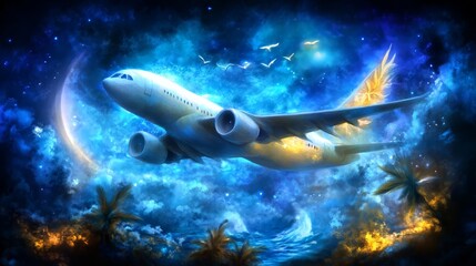 Surreal flight: airplane soars through dreamlike night sky with celestial glow