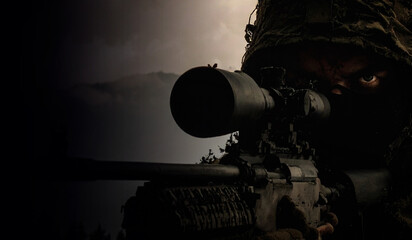 closeup face of a soldier aiming his target in darkness, war consept in hyper realistic illustration