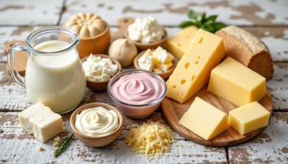 Assortment of fresh dairy products including milk various cheeses yogurt and butter on a wooden surface