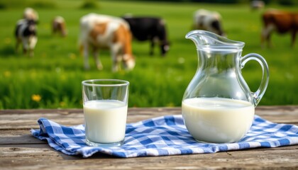 Fresh milk in a drinking glass and a glass pitcher sits on a wooden table Blurred cows graze in a green pasture