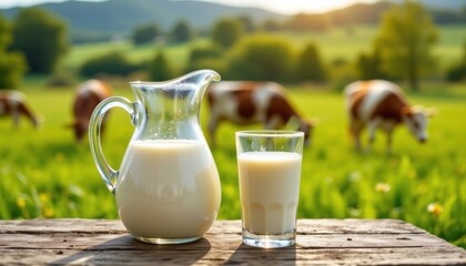 A glass pitcher and a full glass of fresh milk sit on a rustic wooden table Dairy cows graze in a bright green pasture