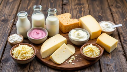 Assortment of fresh dairy products including milk bottles various cheeses and yogurt bowls on a rustic wooden surface
