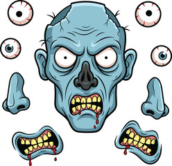 Creepy zombie face parts cartoon set, scary blue undead character, detachable nose eyes mouth, horror vector illustration, Halloween monster design, spooky artwork